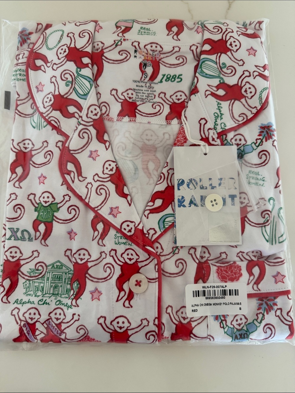 Sorority Alpha Chi Omega Roller Rabbit Red & Green Monkey-Print Cotton Pajama